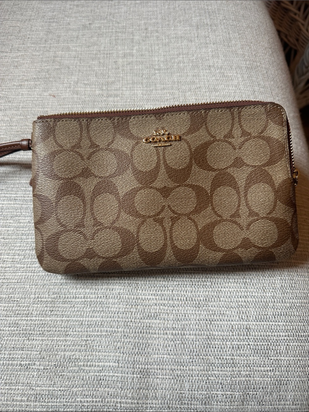 Coach Monogram Zip Wristlet in Brown and Tan